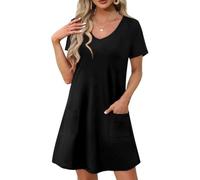 Mujeres Vestidos de Verano 2025 Floral Impreso V Cuello Manga Corta Suelta Swing Vestidos de Sol con Bolsillos (FR/ES, Letras, XL, Regular, Regular, 05)