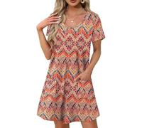 Mujeres Vestidos de Verano 2025 Floral Impreso V Cuello Manga Corta Suelta Swing Vestidos de Sol con Bolsillos (FR/ES, Letras, XXL, Regular, Regular, 04)