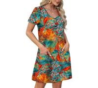 Mujeres Vestidos de Verano 2025 Floral Impreso V Cuello Manga Corta Suelta Swing Vestidos de Sol con Bolsillos (FR/ES, Letras, XL, Regular, Regular, 03)