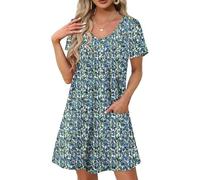 Mujeres Vestidos de Verano 2025 Floral Impreso V Cuello Manga Corta Suelta Swing Vestidos de Sol con Bolsillos (FR/ES, Letras, XL, Regular, Regular, 01)