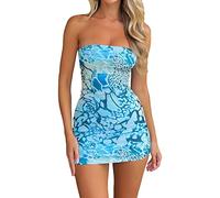 Mujeres Y2k Off The Shoulder Mini Vestido de Tubo Sexy Vestido sin Tirantes de la Vaina Floral Patrón Bodycon Mini Vestido Verano 90s Vintage Vestido sin Mangas sin Espalda Mini Tie-Dye Vestido