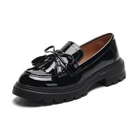 Mujer'S Borlas Loafers Plataforma Chunky Black Patent Cuero Moda Penny Slip-on Lug Sole Escuela Uniform Zapatos Comfort Business Casual Zapatos Dressy Oficina Size 36