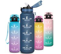 Mujigaga Botella Agua 1 litro, A Prueba de Fugas Cantimplora con Pajita, Botella Agua Gimnasio, Diseño de Cerradura, Cantimplora con Marcador de Tiempo para Exterior, Oficina, Deportes, Gimnasio