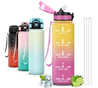 Mujigaga Botella Agua- 1 litro- Botella Agua Gimnasio, A Prueba de Fugas, Cantimplora con Pajita, Water Bottle con Escala de Tiempo, para la Escuela, Fitness, Yoga, Acampada, Deportes, Correr