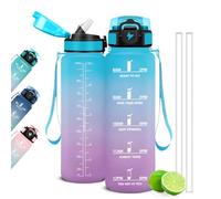 Mujigaga Botella Agua 1 Litro, Botella Agua Gimnasio, a Prueba de Fugas y, Cantimplora Deportiva, Cantimplora con Marcador de Tiempo con pajita para Escuela, Deporte, Gym