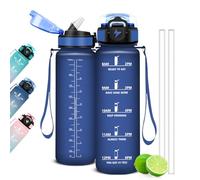 Mujigaga Botella Agua 1 Litro, Botella Agua Gimnasio, a Prueba de Fugas y, Cantimplora Deportiva, Cantimplora con Marcador de Tiempo con pajita para Oficina, Escuela, Running