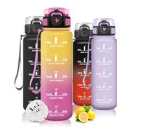 Mujigaga Botella Agua 1 Litro, Botella Agua Gimnasio, Antiderrame Cantimplora Deportiva, con Marcador de Tiempo y Cepillo para Oficina, Escuela, Yoga