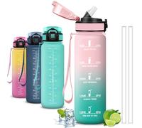 Mujigaga Botella Agua, Botella 1 litro, A Prueba de Fugas, Cantimplora con Pajita, Water Bottle con Eslogan Motivador, Fácil de Limpiar, Cantimplora para la Fitness, Deportes, Acampada, Correr