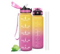 Mujigaga Botella Agua Gimnasio, A Prueba de Fugas Botella Agua 1 litro, Diseño de Cerradura, Cantimplora con Pajita, Cantimplora con Marcador de Tiempo para Colegio, Hogar, Exterior