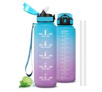 Mujigaga Botella Agua Gimnasio, Botella 1 5 litros con Pajita, con Marcador de Tiempo, Portátil Cantimplora, Diseño de Cerradura, A Prueba de Fugas Cantimplora para Gym, Colegio, Running