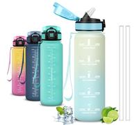 Mujigaga Botella Agua Gimnasio, Botella 1 litro, A Prueba de Fugas, Cantimplora con Pajita, Water Bottle con Eslogan Motivador, Cantimplora para la Fitness, Senderismo, Deportes, Correr, Acampada