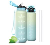 Mujigaga Botella Agua Gimnasio con Pajita, Botella Agua 1 litro, Diseño de Cerradura, A Prueba de Fugas Cantimplora, con Marcador de Tiempo, Cantimplora para Colegio, Hogar, Deportes