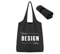 Muka Custom Canvas Reusable Grocery Shopping Bag with Inner Pockets, Black Foldable Bags with Elastic Band
