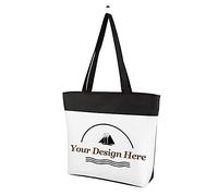 Muka Personalized Canvas Gusseted Tote with Lining & Zipper, Custom Logo Bag 15-1/2" x 12" x 3"-White / Black Top