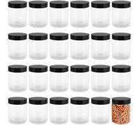 MUKLEI 24 tarros de plástico de 250 ml con tapa negra, tarros redondos de plástico para mermelada, tarros de plástico transparente, tarros de almacenamiento de alimentos para alimentos secos