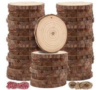 MUKLEI 50 rebanadas de madera natural de 9 a 10 cm, rodajas redondas de troncos con agujero, rodajas de madera preperforadas, círculos de madera sin terminar para manualidades, bricolaje, artes