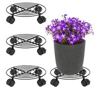 MUKLEI Paquete de 4 cestas de metal de 27 cm de diámetro, soportes para plantas rodantes, plataforma redonda para plantas con ruedas bloqueables, soporte para macetas con ruedas, para uso en
