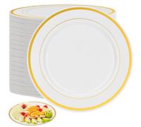 MUKLEI Paquete de 80 platos de comedor de plástico multiusos de 7.5 pulgadas con borde dorado, platos de plástico para fiestas, bodas, aniversarios, comidas y picnics