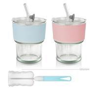 Mulaibdin 2 Pz Vasos con Tapa y Pajita, Vasos Cafe Cristal Reutilizables, Bubble Tea Cup Glass 380 ml con Cepillo Limpia Botellas, Vasos de Cristal Agua para Cola,Batidos,Cerveza,Bebida (Transparente)