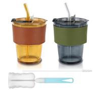 Mulaibdin 2 Pz Vasos con Tapa y Pajita, Vasos Cafe Cristal Reutilizables, Bubble Tea Cup Glass 380 ml con Cepillo Limpia Botellas, Vasos de Cristal Agua para Cola,Batidos,Cerveza,Bebida (Ámbar/Gris)