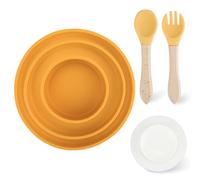 Mulaibdin 3 Piezas Platos Bebe, Plato Bebe Ventosa Desmontable, Plato Silicona Bebe, Cuenco Silicona Bebe Snack, Cubiertos Infantiles con Cucharas y Tenedor, Sin BPA (Amarillo)