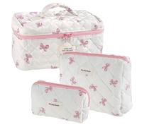 Mulaibdin 3 Pz Neceser Mujer Maquillaje, Bolsa Maquillaje Viaje, Bolsa de Aseo con Asas, Makeup Bag Algodón, Travel Toiletry Zip Bag, Estética Neceser Maquillaje Organizador para Regalos (Rosa Lazo)