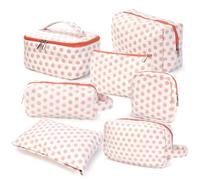 Mulaibdin 7 Piezas Neceser Mujer Maquillaje, Neceser Maquillaje Organizador, Bolsa de Cosméticos de Viaje, Bolsa de Aseo con Asas, Algodón Toiletry Bag, Makeup Bag de Lunares para Niña Regalos (Rosa)