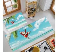 MULERN 2 Juegos de Almohadillas de Cocina, Alfombras Antideslizantes de Respaldo, Divertido Papá Noel Navidad Tema Juegos de Absorción de Agua, Lavables, Azul Cielo, 40x60cm+40x120cm