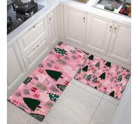 MULERN 2 Juegos de Almohadillas de Cocina, Alfombras Antideslizantes de Respaldo, Pino Tema De Regalo Navidad Juegos de Absorción de Agua, Lavables, Rosa, 43x75cm+43x150cm