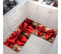 MULERN 2 Juegos de Almohadillas de Cocina, Alfombras Antideslizantes de Respaldo, Rojo Lazo Tema Navideño Juegos de Absorción de Agua, Lavables, Rojo, 40x60cm+40x120cm