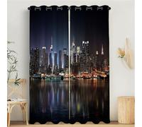 MULERN 3D Cortina Opaca 2 Piezas Cortinas Salon, Edificios Ciudad Vista Nocturna Nueva York Termicas Aislantes Frio Y Calor, Cortinas Negro púrpura para Ventana Dormitorio 140Anx175Al cm con Ojales