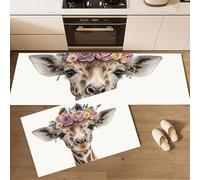 MULERN Alfombra de Cocina Antideslizante, Durable Anti-Fatiga, Corredor de Pasillo Animal Lindo Lavable, Set de Alfombras de Cocina Jirafa con Corona De Flores para Puerta, 40x60cm+40x120cm