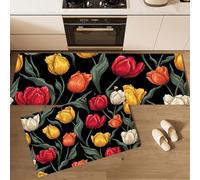 MULERN Alfombra de Cocina Antideslizante, Durable Anti-Fatiga, Corredor de Pasillo Arte Decorativo Lavable, Set de Alfombras de Cocina Flores De Tulipanes para Puerta, 40x60cm+40x120cm