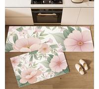 MULERN Alfombra de Cocina Antideslizante, Durable Anti-Fatiga, Corredor de Pasillo Flores Pintadas A Mano Lavable, Set de Alfombras de Cocina Flores Rosas Hojas Verdes para Puerta, 40x60cm+40x120cm