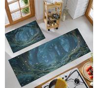 MULERN Alfombra de Cocina Antideslizante, Durable Anti-Fatiga, Corredor de Pasillo Misterio Fantasía Lavable, Set de Alfombras de Cocina Bosque Luciérnagas para Puerta, 40x60cm+40x120cm