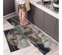 MULERN Alfombra de Cocina Antideslizante, Durable Anti-Fatiga, Corredor de Pasillo Relieves En Rocas Lavable, Set de Alfombras de Cocina Arquitectura De Castillos para Puerta, 43x75cm+43x150cm