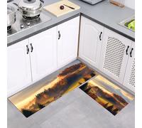 MULERN Alfombra de Cocina de 2 Piezas, Antideslizante Lavable, Alfombra de Cocina Naranja Niebla Colinas, Juegos de Tapetes Otoño Paisaje para Cocinita Pasillo Entrada, 43x75cm+43x150cm