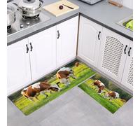 MULERN Alfombra de Cocina de 2 Piezas, Antideslizante Lavable, Alfombra de Cocina Verde Hierba Campos Vacas, Juegos de Tapetes Vida Silvestre para Cocinita Pasillo Entrada, 43x75cm+43x150cm