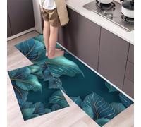 MULERN Alfombra de Cocina de 2 Piezas Antideslizante Lavable, Alfombrilla de Cocina Hojas Plantas Hilo Oro Arte La Naturaleza, Juegos de Tapetes para Pasillo, Comedor y Entrada, 40x60cm+40x120cm