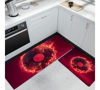 MULERN Alfombra de Cocina de 2 Piezas Antideslizante Lavable, Alfombrilla de Cocina Llama Disco De Vinilo Surrealismo, Juegos de Tapetes para Pasillo, Comedor y Entrada, 50x80cm+50x150cm