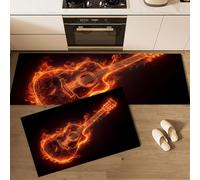 MULERN Alfombra de Cocina de 2 Piezas Antideslizante Lavable, Alfombrilla de Cocina Llama Guitarra Música Dinámica, Juegos de Tapetes para Pasillo, Comedor y Entrada, 43x75cm+43x150cm