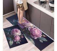 MULERN Alfombra de Cocina Flores Realistas 2 Piezas, Alfombrillas de Lavables para Suelo, Suaves Alfombrillas de Cocina Antideslizantes para Lavadero Pasillo, 40x60cm+40x120cm Rosas con Hojas Verdes