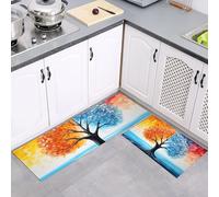 MULERN Alfombras de Cocina para Piso 2 Piezas, Antideslizantes Alfombras de Cocina Lavables, Pintura Al Óleo Árboles De Invierno Y Verano, Antifatiga Tapetes Cómoda para el Suelo, 40x60cm+40x120cm