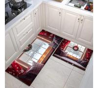 MULERN Alfombras de Cocina para Piso 2 Piezas, Antideslizantes Alfombras de Cocina Lavables, Tema Navideño Coronas Escaparates, Antifatiga Tapetes Cómoda para el Suelo, 40x60cm+40x120cm