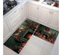 MULERN Alfombras de Cocina para Piso 2 Piezas, Antideslizantes Alfombras de Cocina Lavables, Tema Navideño Chimenea Corona, Antifatiga Tapetes Cómoda para el Suelo, 43x75cm+43x150cm
