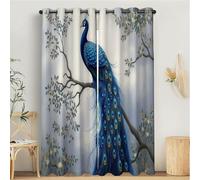 MULERN Cortinas Negras Opacas Termicas, Aislantes Frio y Calor Cortina Dormitorio, Estampadas Ramas Pavo Real con Ojales Cortinas Salon Pintura Al Óleo 2 Piezas, Gris Claro, 140An x 260Al cm