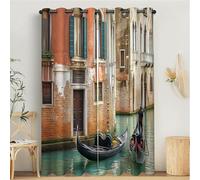MULERN Cortinas Opacas Aisladas Térmicamente con Ojales, Diseño de Canales Calles, Aspecto Pueblos Edificios, Cortina Térmica para Salón Dormitorio, 2 Unidades 117An x 183Al cm, Naranja Verde