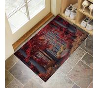 MULERN Felpudo 60x90cm con Base Antideslizante Pelo Corto Multiusos - Diseño Bosque Camino Otoño Paisaje, Alfombra Lavable para Cocina Baño Entrada y Salón, Rojo