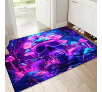 MULERN Felpudo Antideslizante 90x150cm, Neón Hongo Calavera Trampa de Tierra Felpudo Interior para una Entrada Limpia, Dibujos Animados Alfombra Absorbentes, Fácil de Cuidar, Azul púrpura
