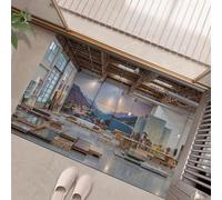 MULERN Felpudo de Interior 50x80cm, Diseño de Arquitectura Industrial, Lavable Antideslizante, Alfombrilla Arte Espacial Plegable de Pelo Corto para Entrada, Alfombra Fácil de Limpiar, Azul-marrón